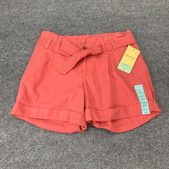 Sonoma Modern Fit Short Womens 10 Coral Solid Cuffed Linen Blend Belted Paperbag - Picture 2 of 9
